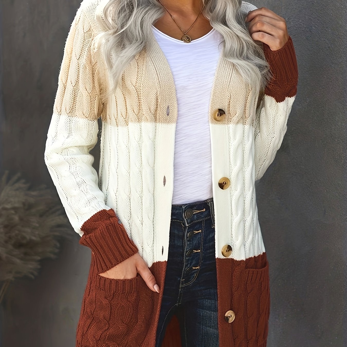  Colorblock Jacquard Cardigan with Pockets