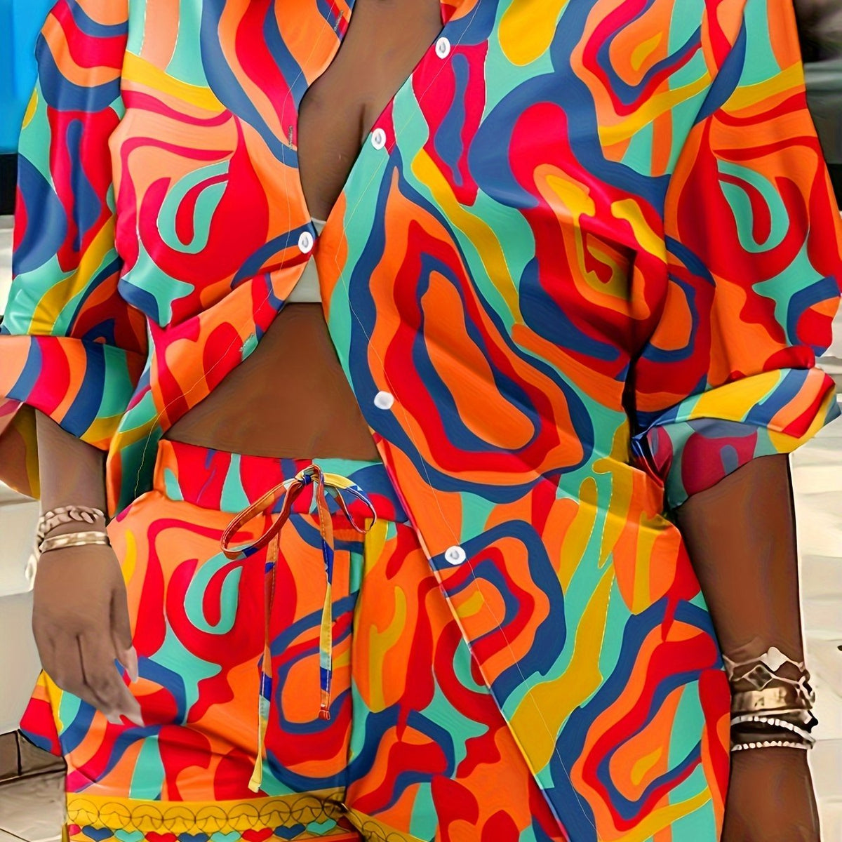 Abstract Print Button Up Blouse & Shorts Set