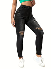 Ripped Skinny Jeans Slash Pockets Distressed High Waist Slim Fit