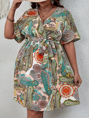  Paisley Print Short Sleeve Dress With Belt