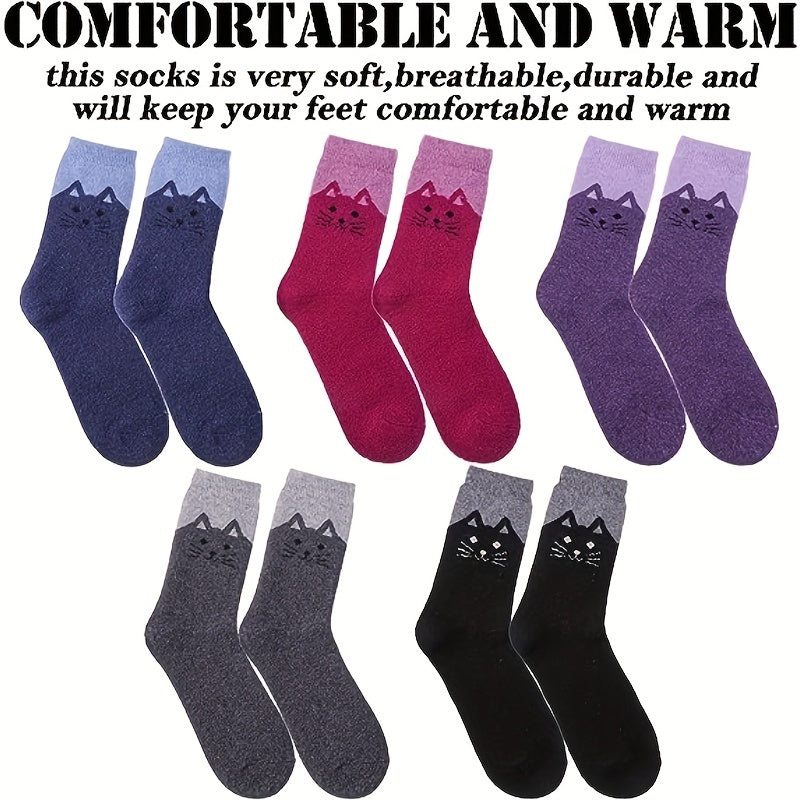 5 pairs Outdoor Cat Pattern Soft Thick Casual Cotton Warm Socks