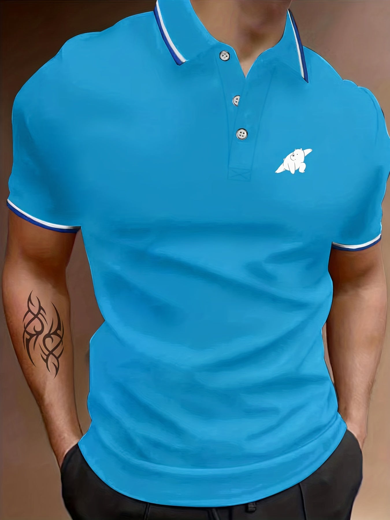 Men's Cartoon Bear Graphic Polo Shirt Casual Lapel Button Up Short Sleeve Shirt