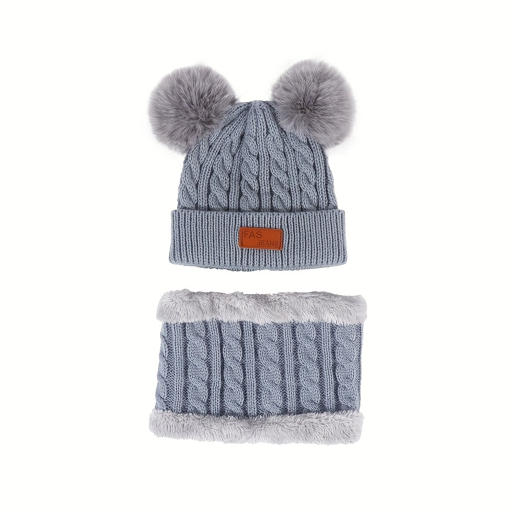 Toddler Winter Pompom Knit Cap Mittens Neck Warmer Set