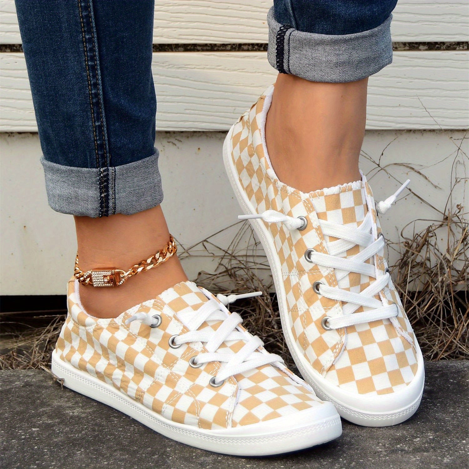 Women's Checkerboard Pattern Shoes Lace Up Comfy Canvas Shoes