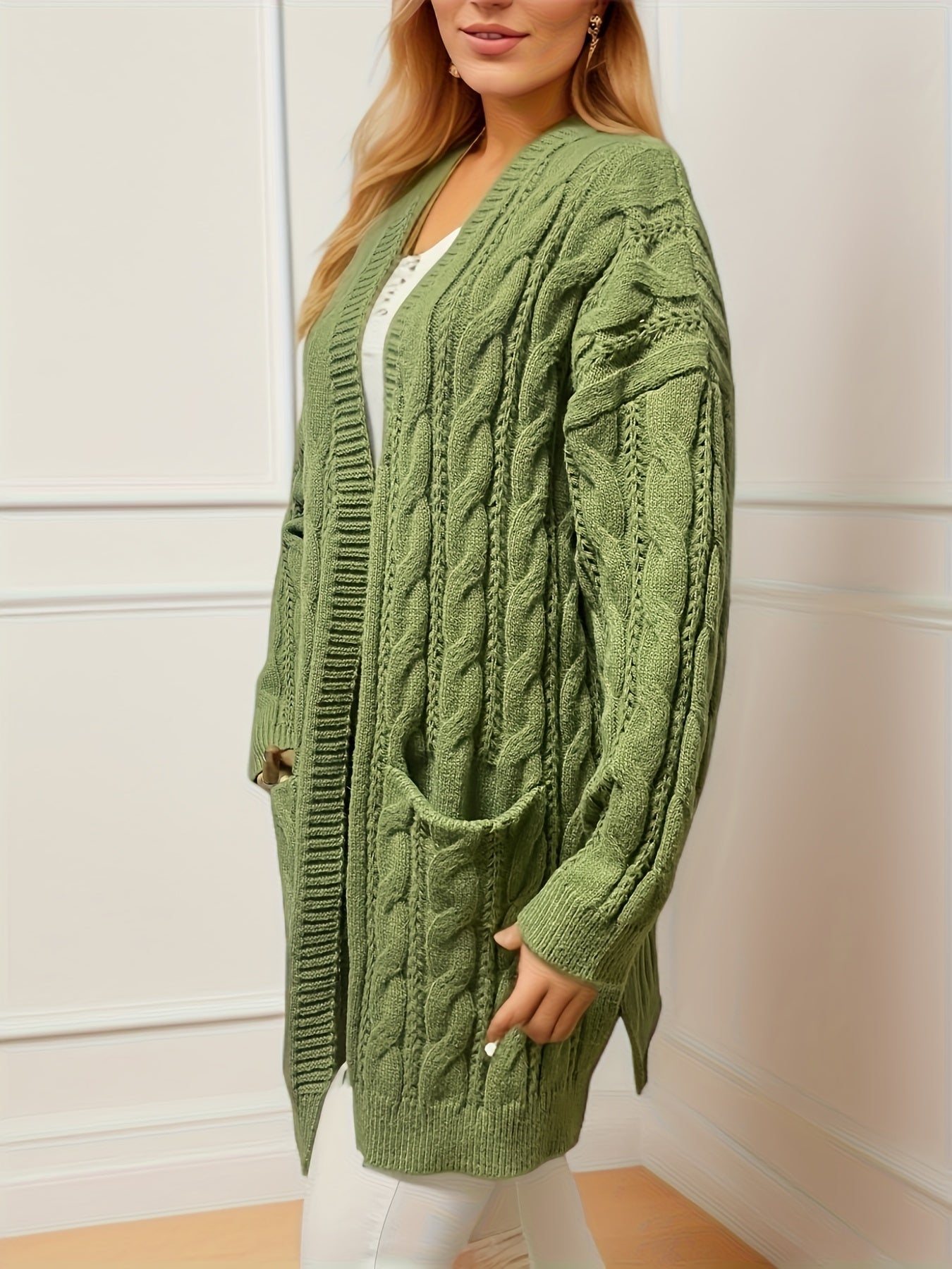  Solid Cable Long Sleeve Open Front Cardigan With Pockets