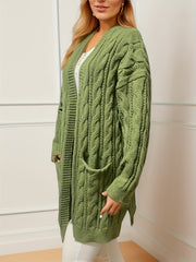  Solid Cable Long Sleeve Open Front Cardigan With Pockets