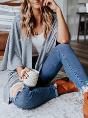  Casual Cardigan Women's Plus Waffle Pattern Bat Sleeve Open Front