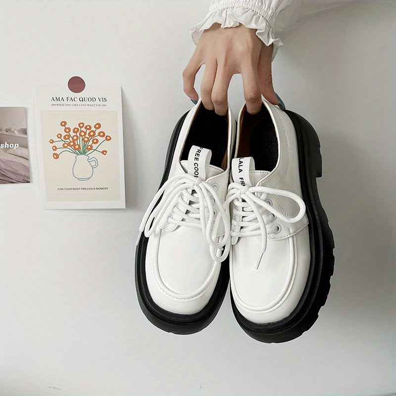 Women's Platform Loafers Round Toe Lace Up Patent Leather Shoes