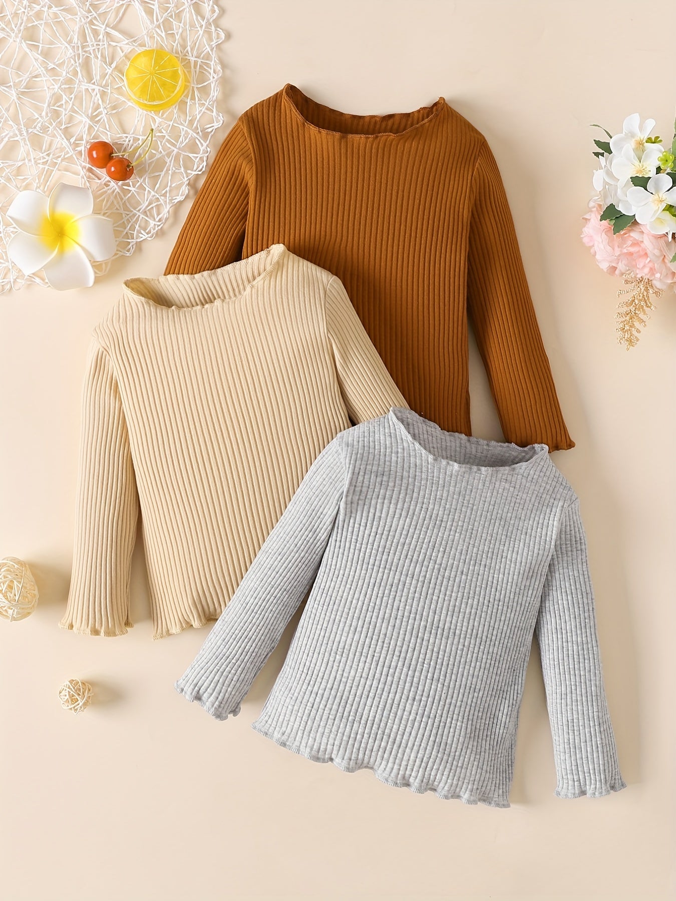 3pcs Girls Long Sleeve Ribbed Knit Ruffle Tops Blouse Sweater Set