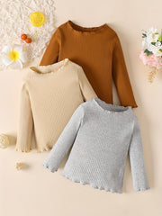 3pcs Girls Long Sleeve Ribbed Knit Ruffle Tops Blouse Sweater Set