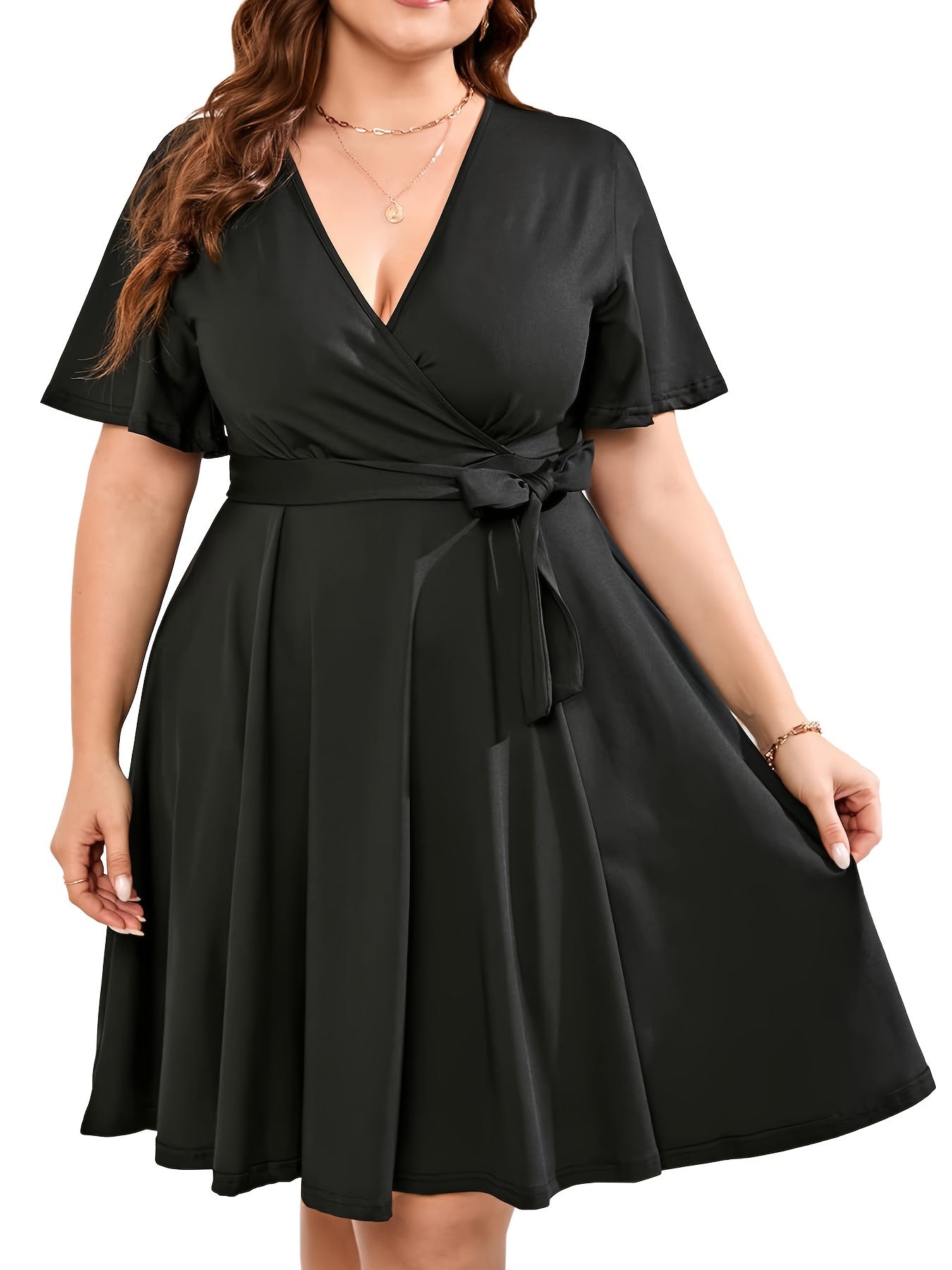  Solid Butterfly Sleeve Knee Length Dress With Pockets