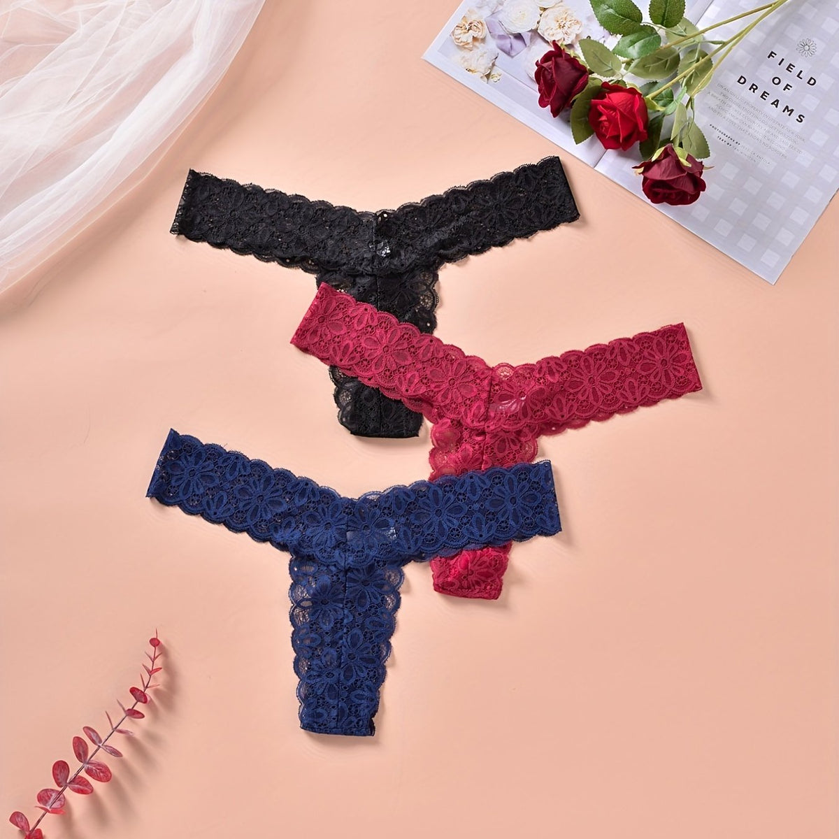 3 Pack Plus Size Lace Trim Low Rise Panties Set