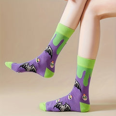 5 Pairs Pumpkin & Skull Print Socks Funny Halloween Crew Socks Women's Stockings