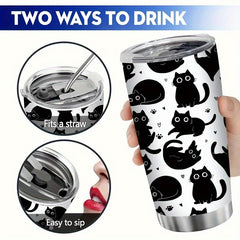 20oz Cat Stainless Steel Tumbler with Straw - Vacuum Insulated Travel Coffee Cup