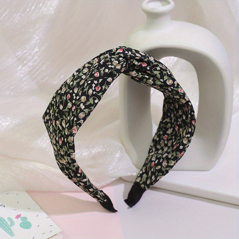 Pastoral Floral Print Headband Cross Knotted Head Hoop Wide Headdress