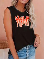 Women's Plus Art Letter Print Tank Top 60's 70's 90's Round Neck