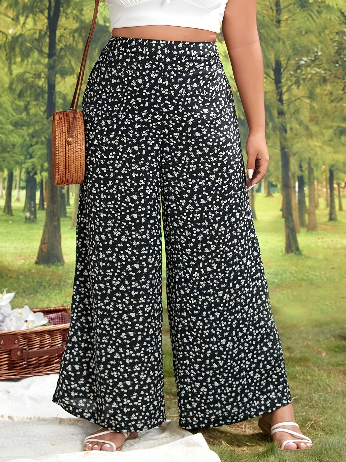  Wide Leg Trousers Elastic High Rise Floral Print Pants