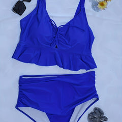  Lace Ruffle Trim Crop Cami Top & Panty Swimsuit Set