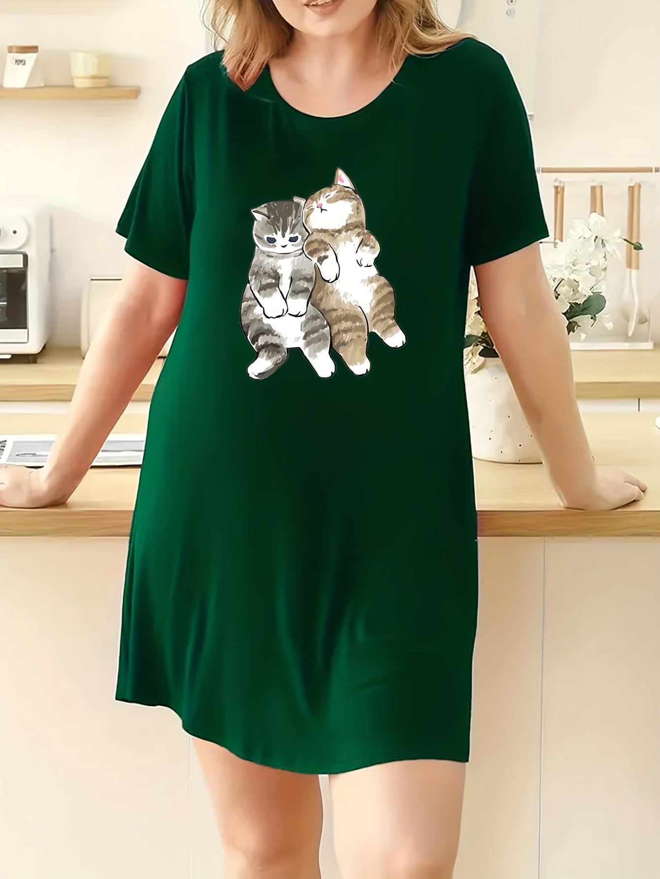  Cats Print Lounge Dress Short Sleeve Round Neck Sleep Dress