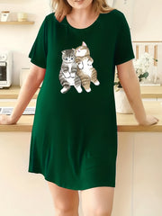  Cats Print Lounge Dress Short Sleeve Round Neck Sleep Dress