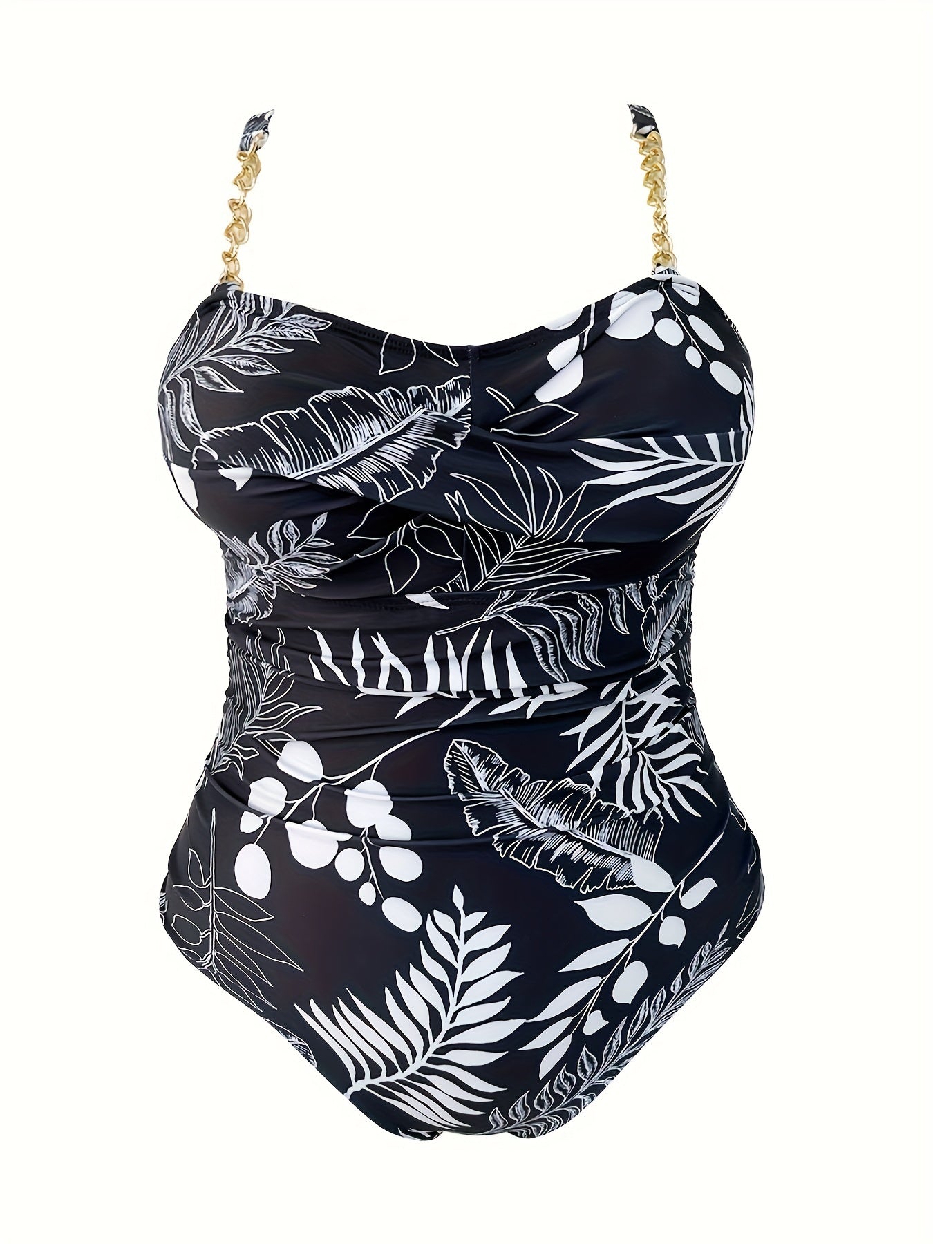  Tropical Print Chain Linked Ruched One Piece Swimsuit