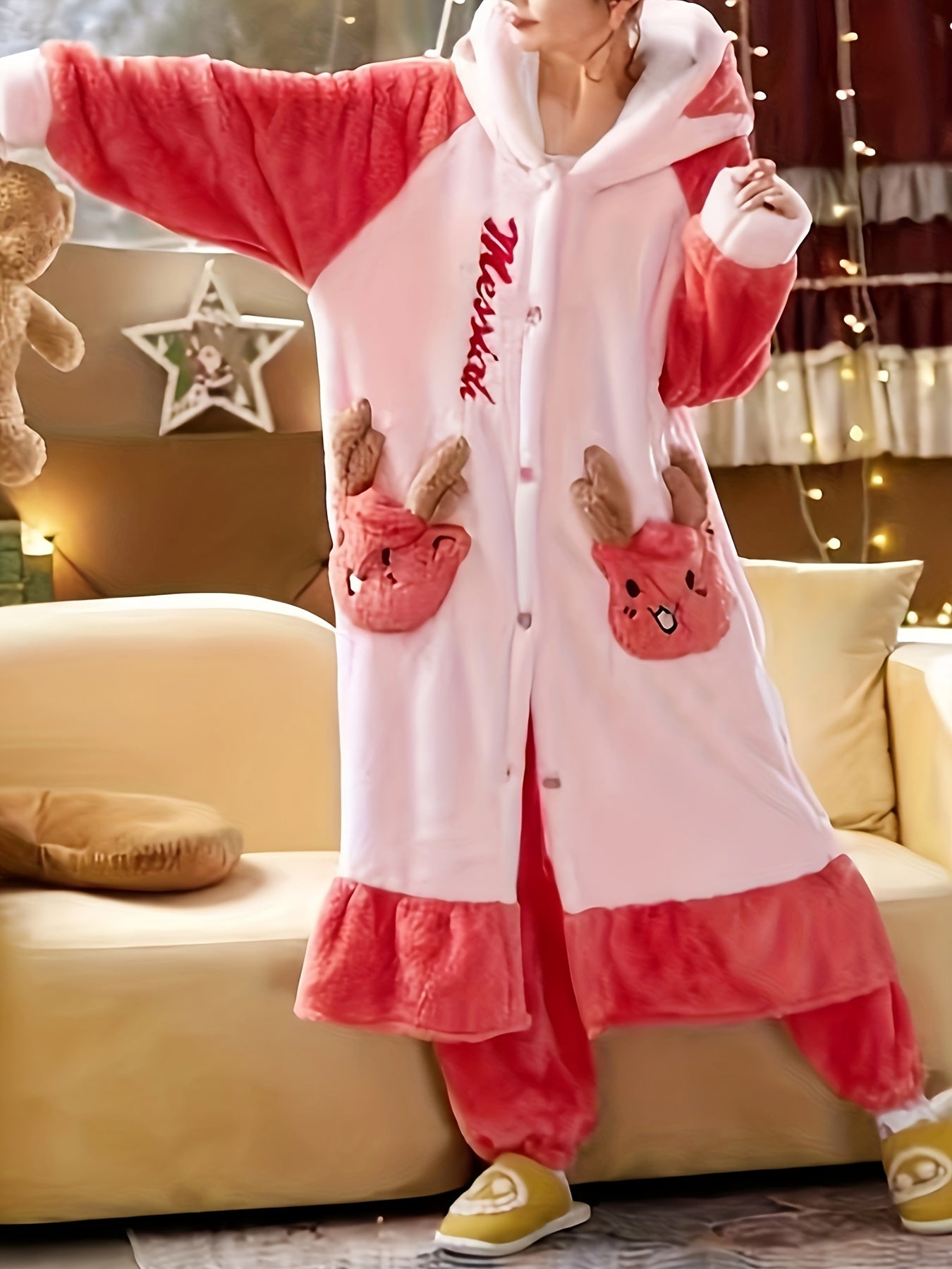  Christmas Pajamas Set Women's Plus Deer Raglan Sleeve Button Up Hooded