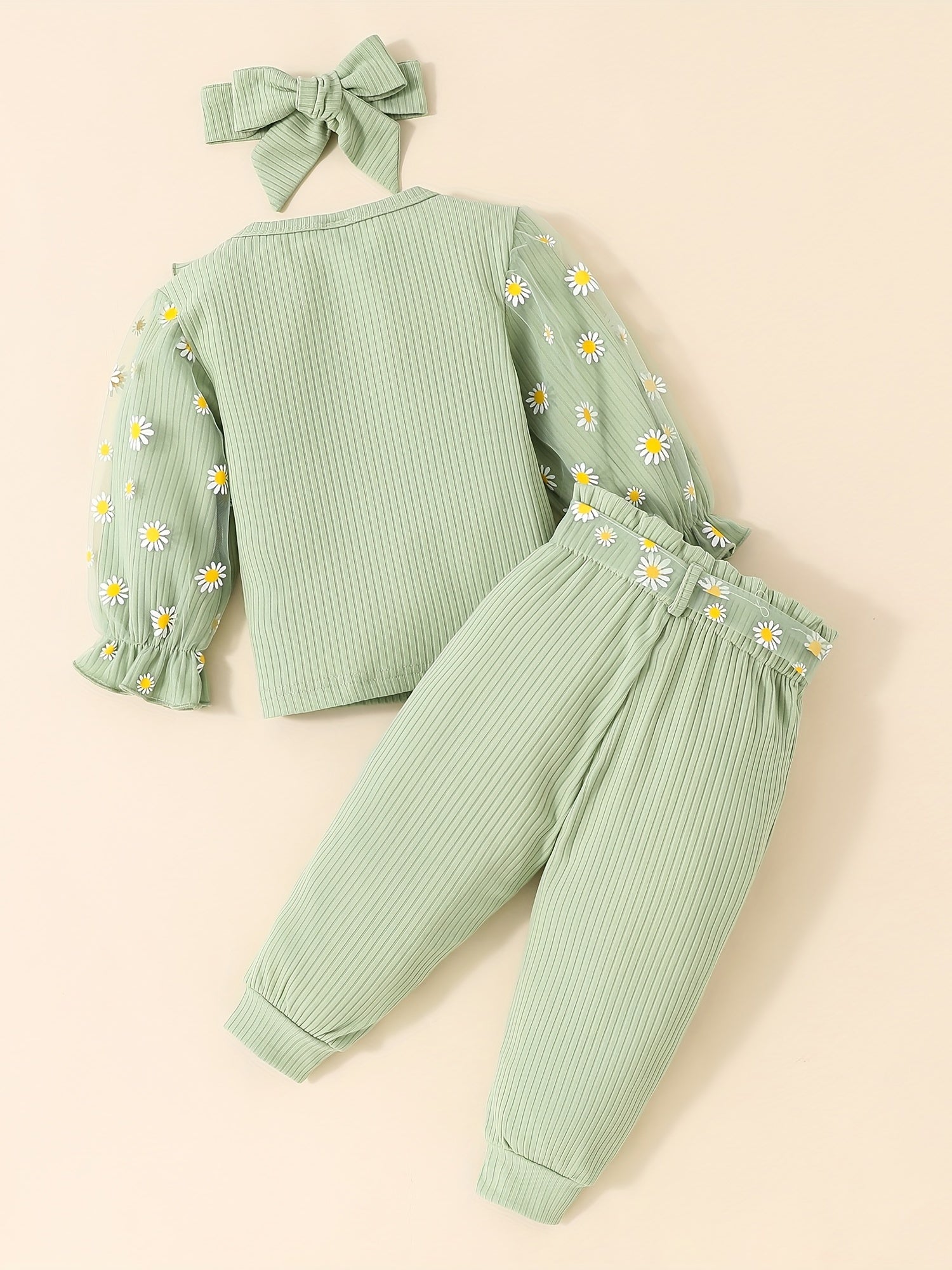 Girls Flower Print Ruffle Neck Pullover Top & Pants 2pcs Set