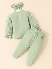 Girls Flower Print Ruffle Neck Pullover Top & Pants 2pcs Set