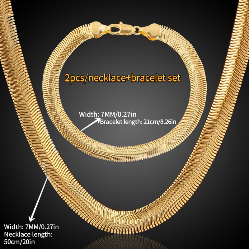 2pcs Men's Snake Chain Necklace & Bracelet Set Hip Hop Accessories