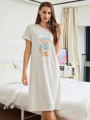 Bear Print NightDress Short Sleeve Pajama Dress Women's Sleepwear