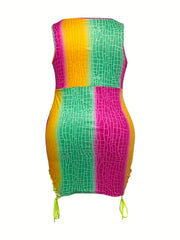  Colorblock Crocodile Print Tank Dress