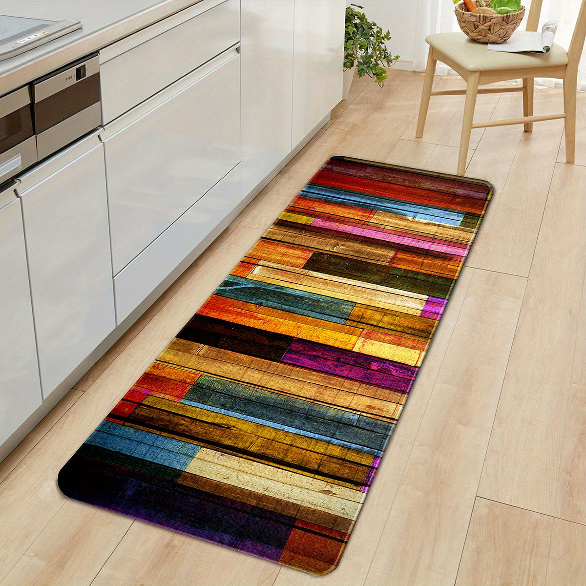 Boho Anti Fatigue Kitchen Rug Colorful Wooden Striped Absorbent Non Slip Mat
