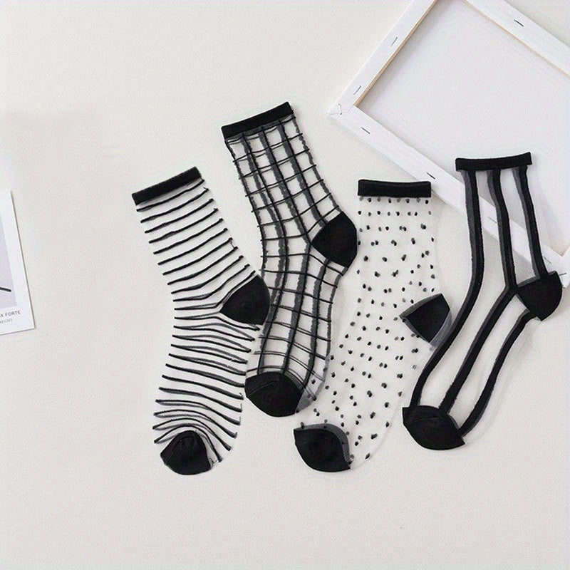 4 Pairs Semi Sheer Stripe & Dot Pattern Socks Mid Tube