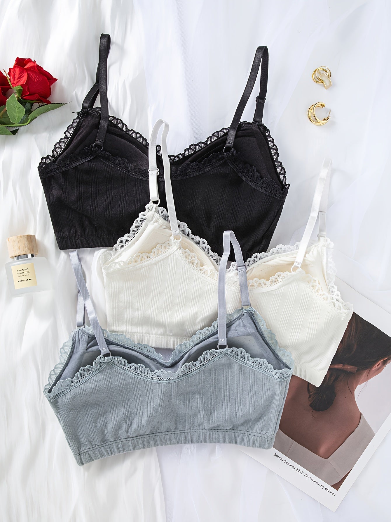 3pcs Lace Trim Wireless Bras Comfy & Breathable Underwear