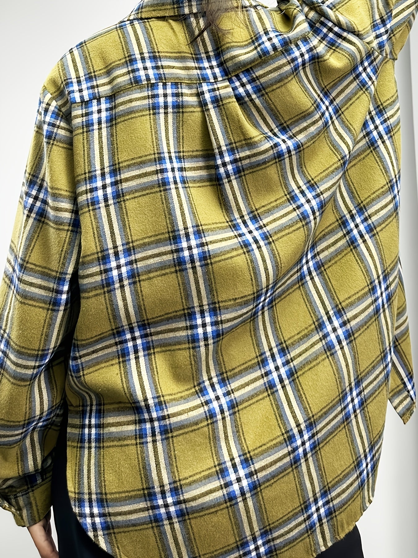  Plaid Print Side Split Long Sleeve Button Up Tunic Shirt Top