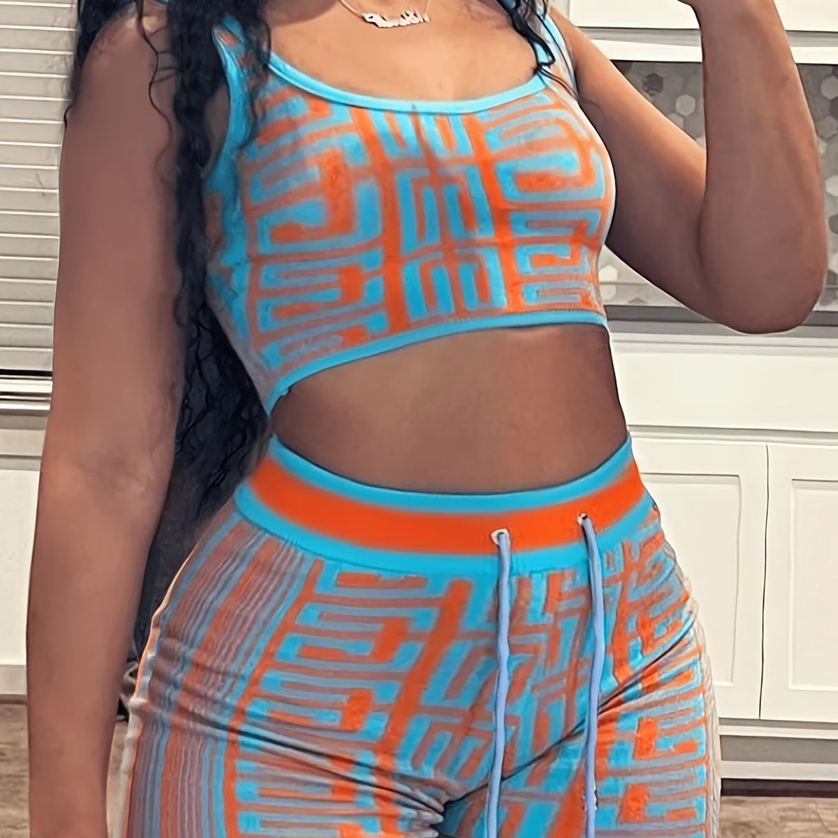  Greek Print Crop Tank Top & Drawstring Shorts Set