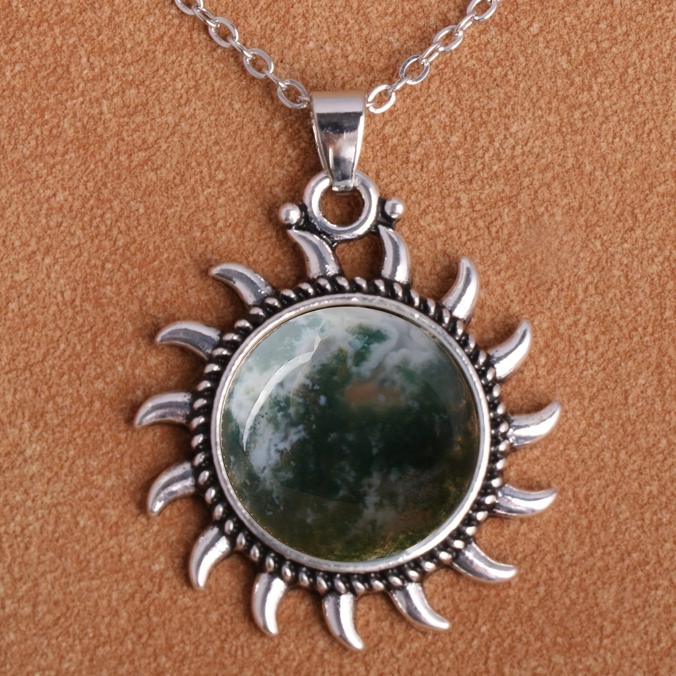 Natural Stone Sunflower Pendant Necklace Boho Style Neck Jewelry Gift