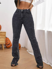 High Rise Cut Off Washed Grey Bootcut Jeans