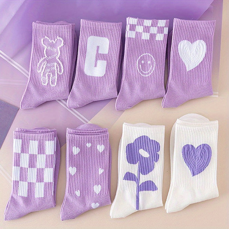 8 Pairs Letter & Heart Print Socks Women's Mid Tube Stockings