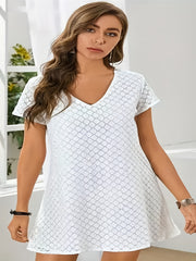 Solid Jacquard Cap Sleeve V Neck Loose Dress