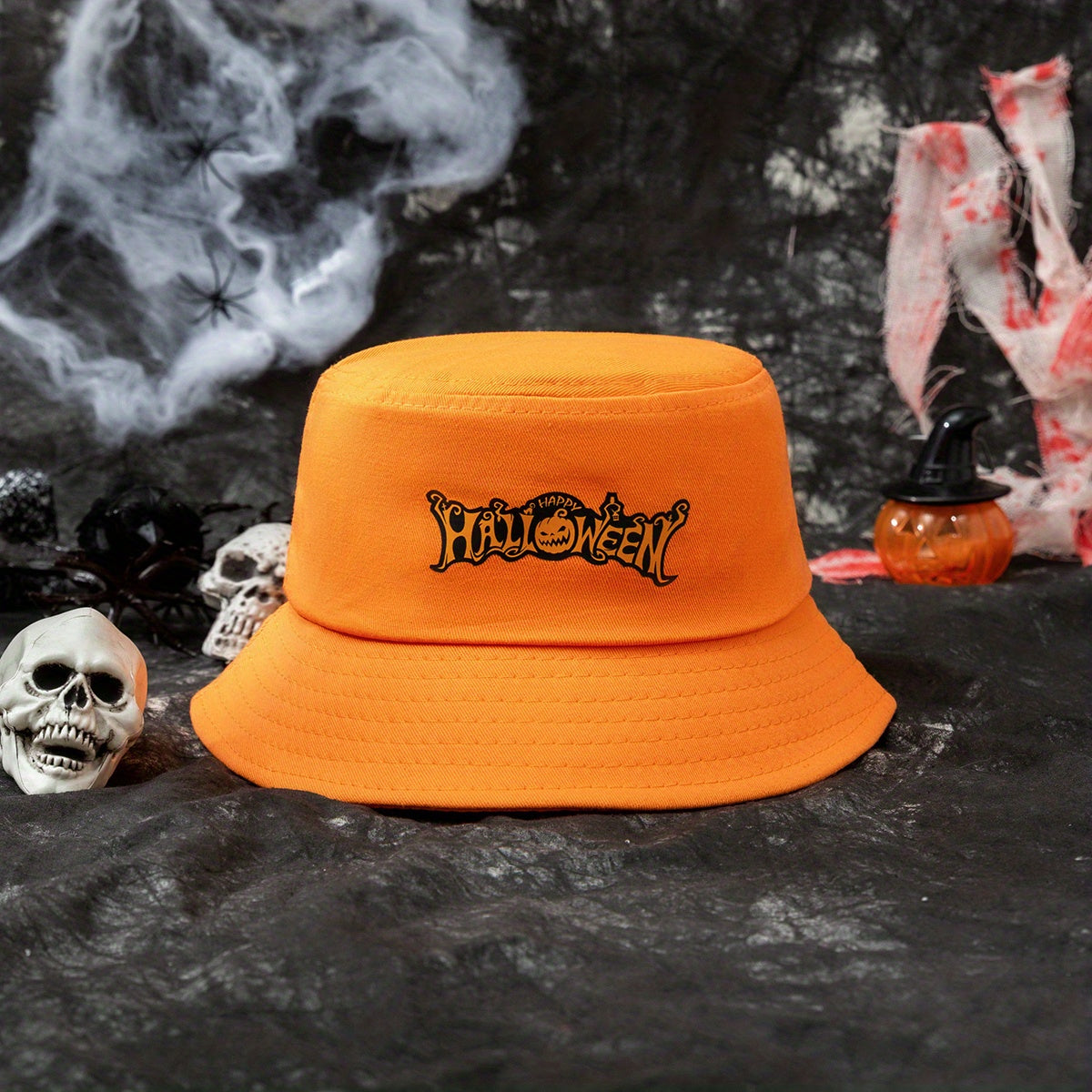 Halloween Pumpkin Print Bucket Hat Unisex Orange Sunscreen Basin Hat