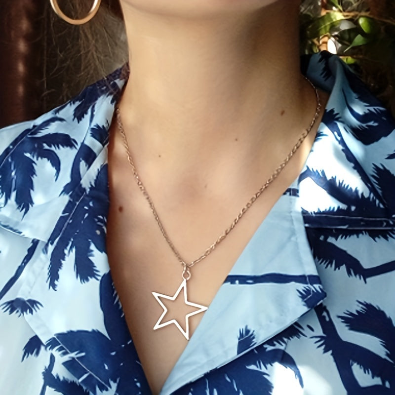 Silver Big Star Pendant Necklace 36x33mm Hollow Pentagram Geometric Chain