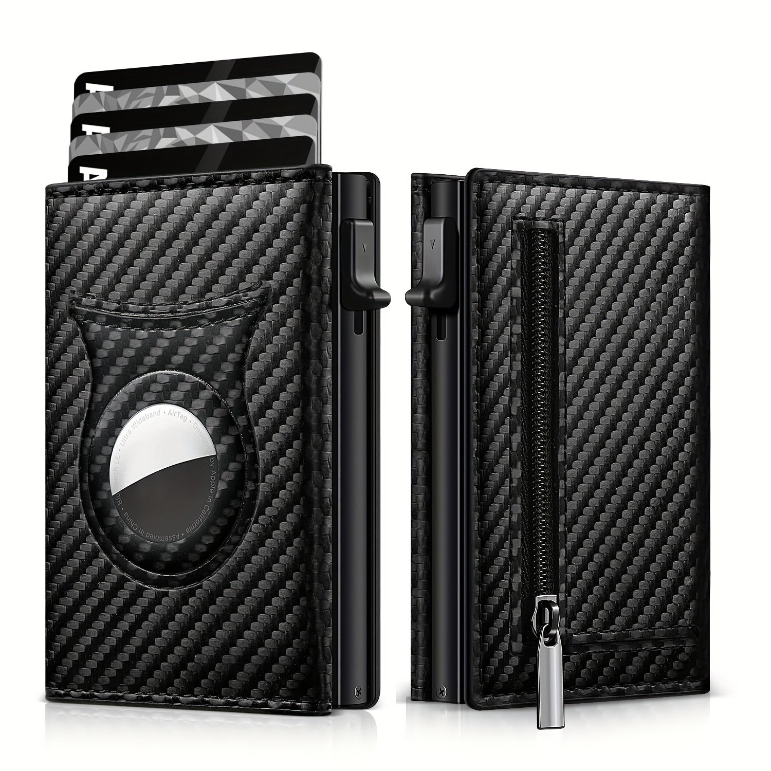 Men's Carbon Fiber Magnetic Card Holder Airtag Leather RFID Zipper Coin Purse