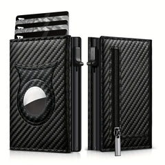 Men's Carbon Fiber Magnetic Card Holder Airtag Leather RFID Zipper Coin Purse