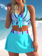  Ombre Print Bikini Set with Tie Front Cross Back Bra & Mini Skirt