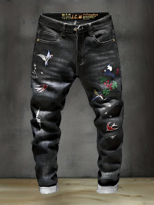 Men's Embroidered Denim Jeans Slim Straight Stretch Pants