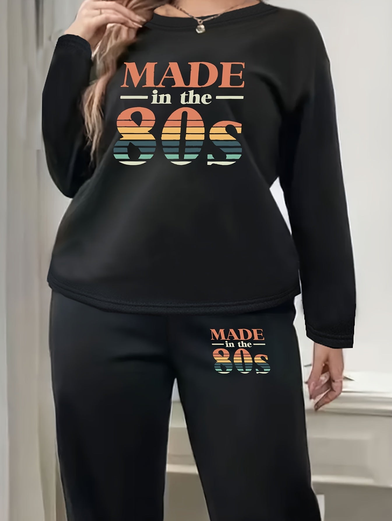  Casual Loungewear Two Piece Set Women's Plus Slogan Print