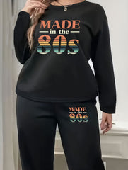  Casual Loungewear Two Piece Set Women's Plus Slogan Print