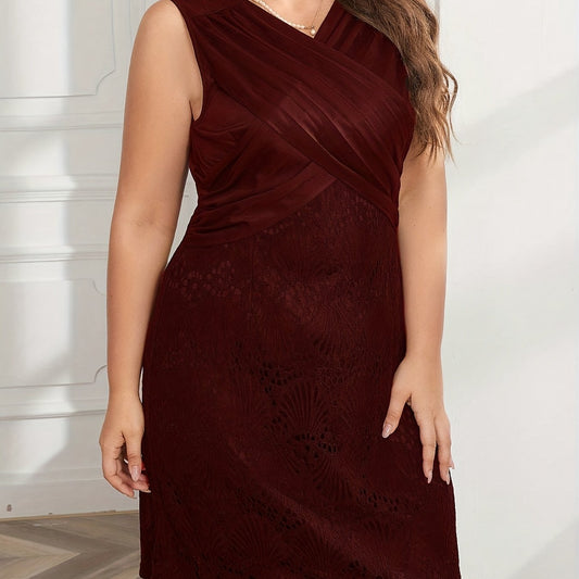  Contrast Lace Ruched V Neck Tank Knee Length Dress