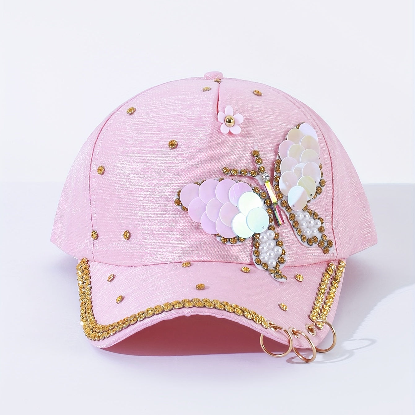 Pink Butterfly Y2K Baseball Cap Pearl Rhinestone Adjustable Sun Hat